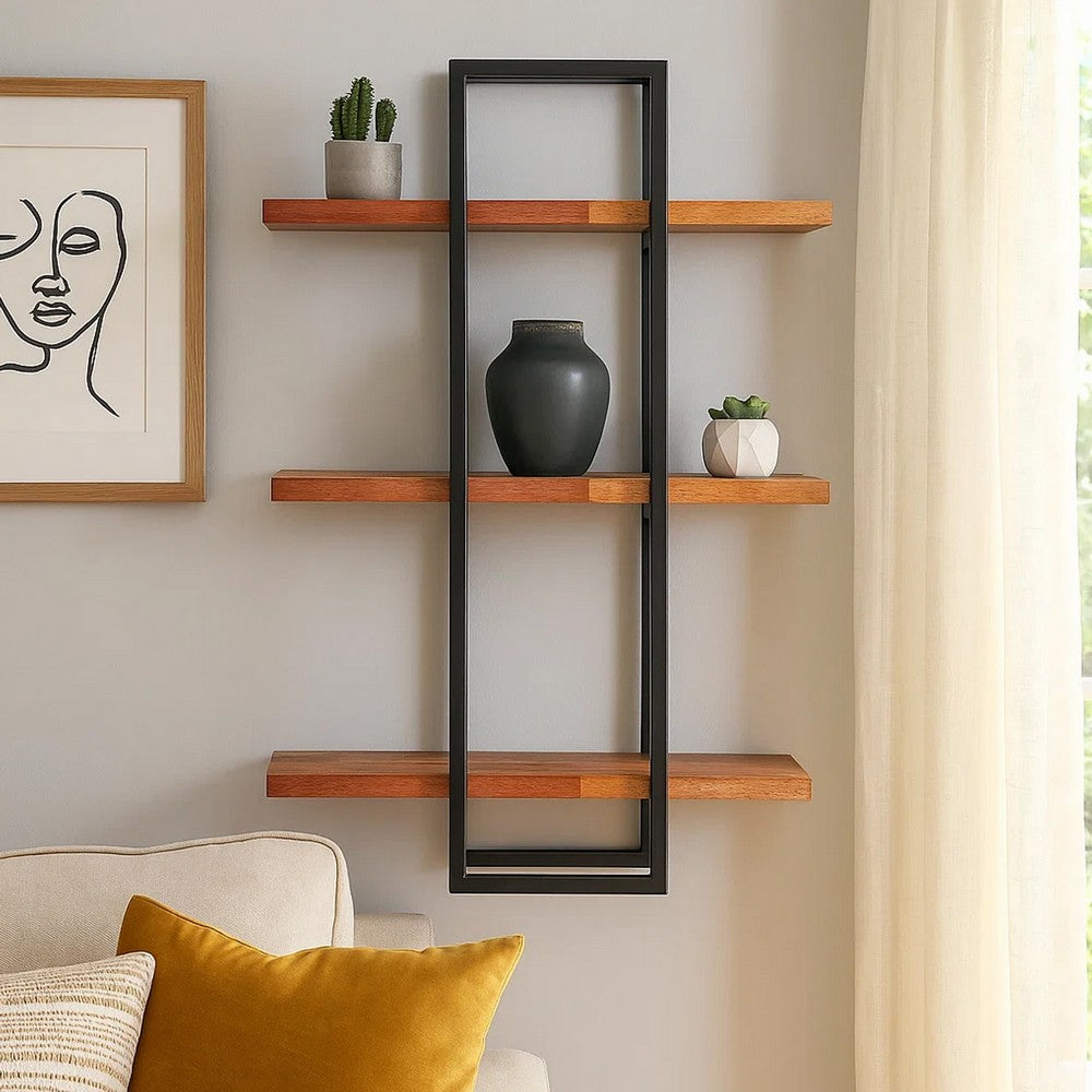 32" 3-Tier Wooden Wall Display with Tubular Frame,Brown & Black By Casagear Home