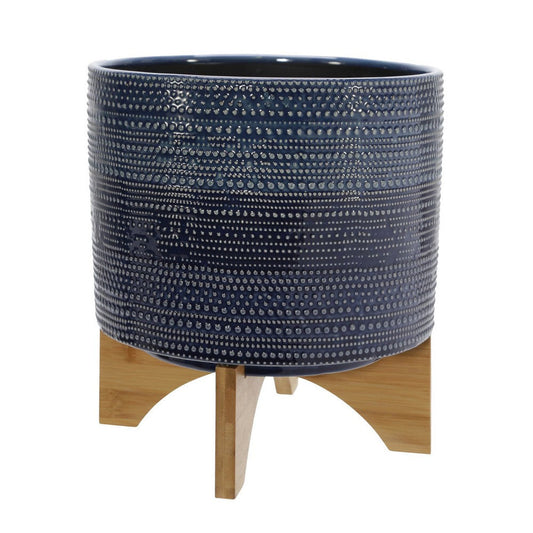Planter | 11" | Ceramic Dotted | Wood Base | Blue & Brown
