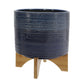 11 Inch Ceramic Dotted Planter with Wooden Base, Blue and Brown By Casagear Home