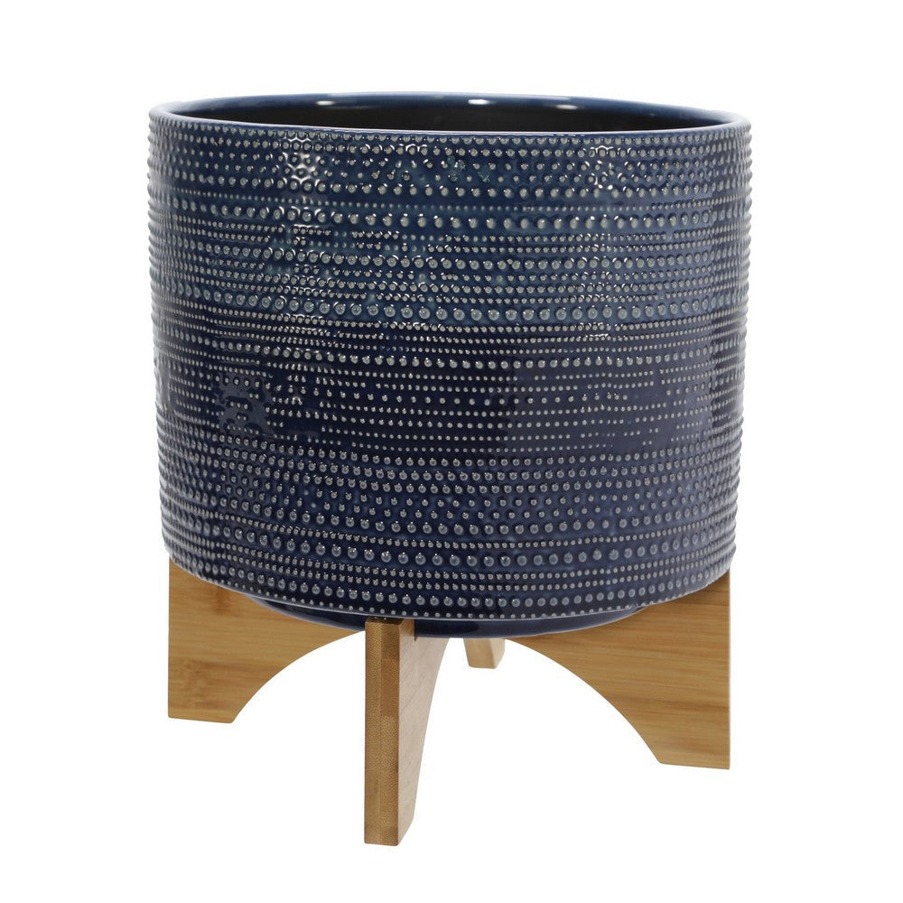 Planter | 11" | Ceramic Dotted | Wood Base | Blue & Brown