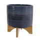 Planter | 11" | Ceramic Dotted | Wood Base | Blue & Brown