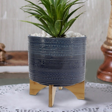 11 Inch Ceramic Dotted Planter with Wooden Base Blue and Brown By Casagear Home BM225563