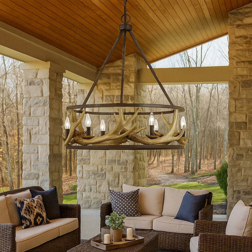 Chandelier | 6 Bulb | Metal Frame | Antler Design | Bronze & Gold