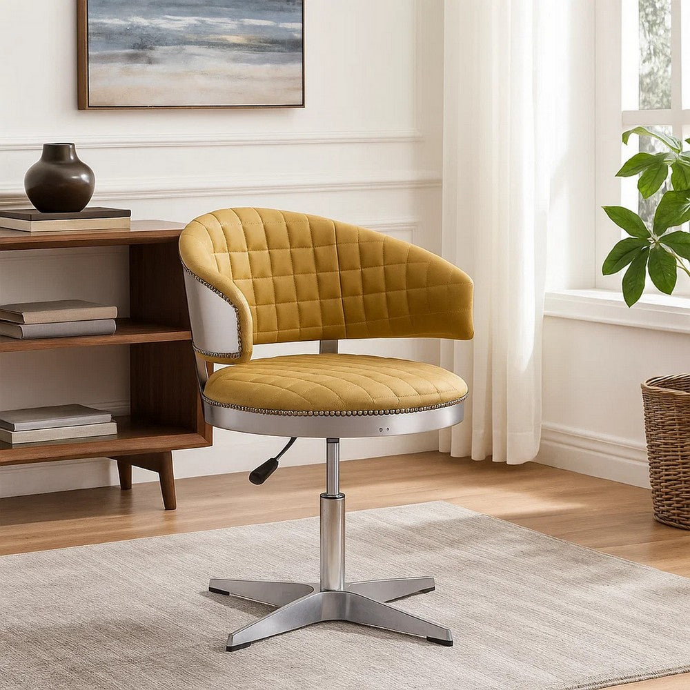 Swivel Leatherette Chair with Curved Back and Metal Star Base, Yellow