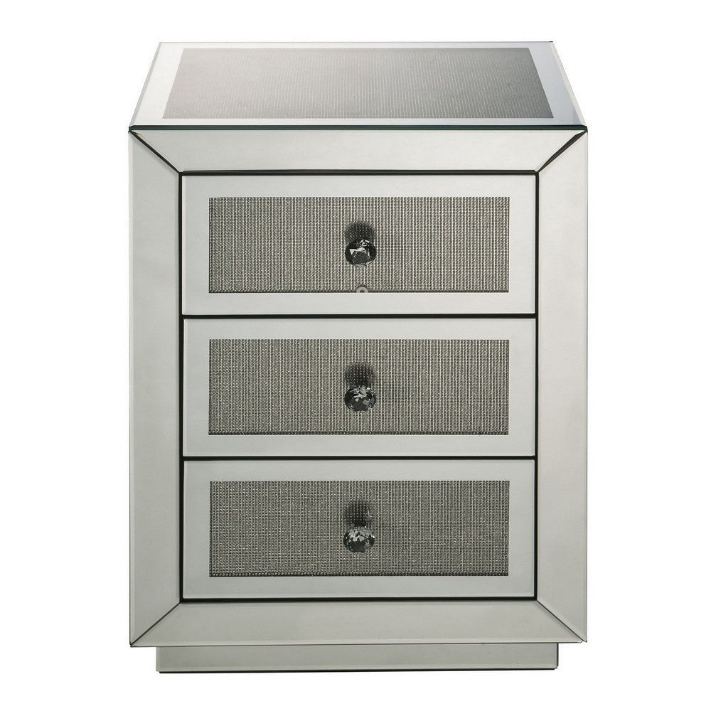 3 Drawer Mirrored Accent Table with Faux Diamond Inlay Silver BM225699