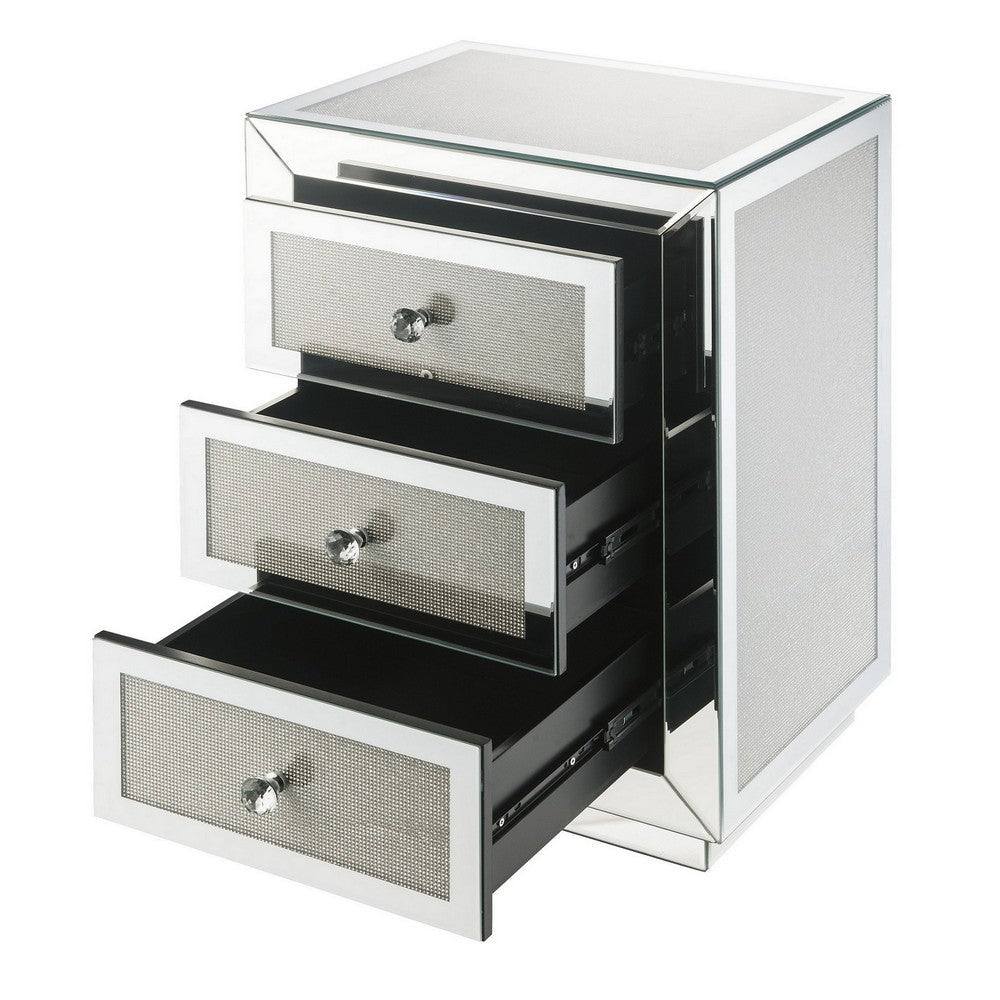 3 Drawer Mirrored Accent Table with Faux Diamond Inlay Silver BM225699