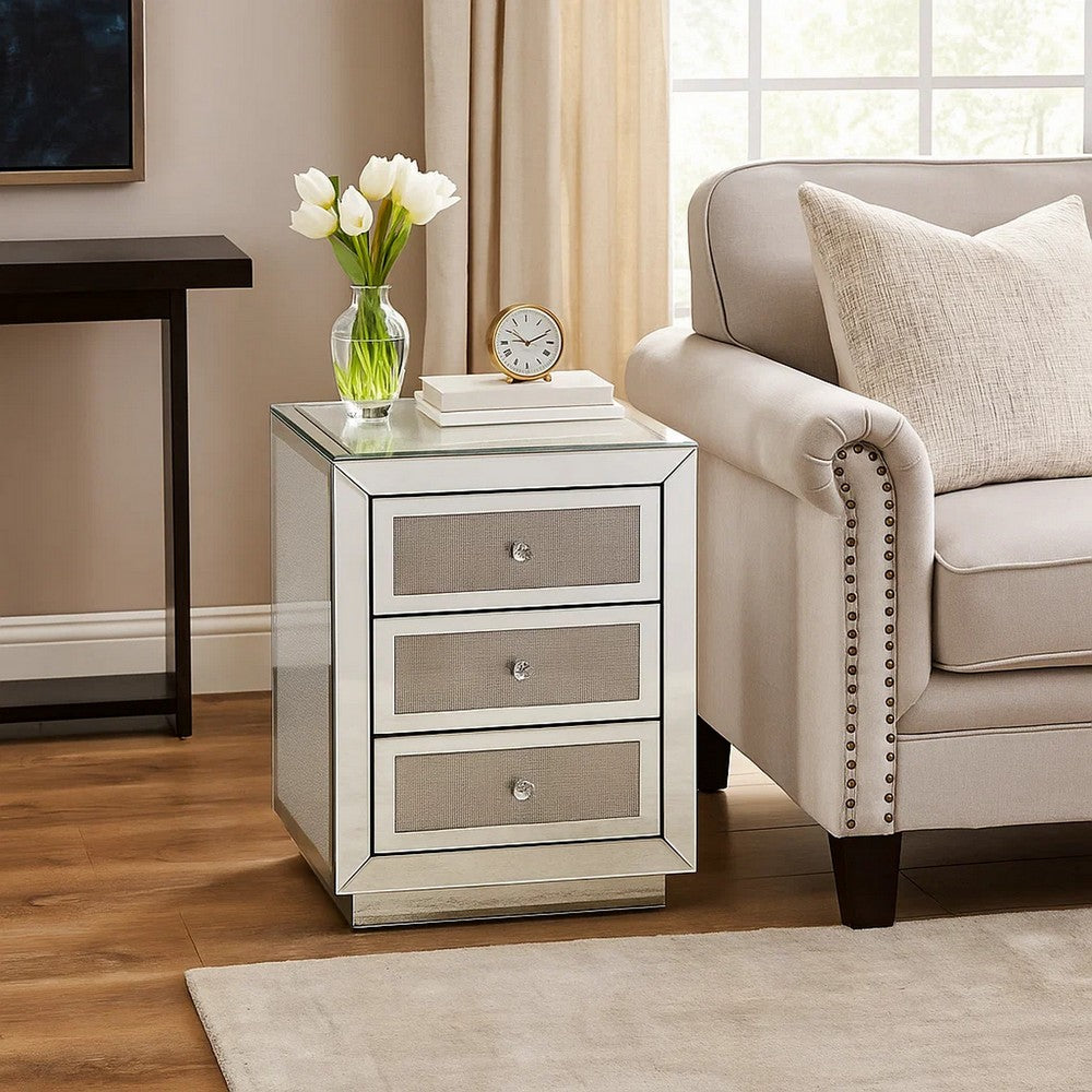 3 Drawer Mirrored Accent Table with Faux Diamond Inlay, Silver