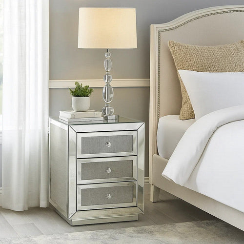 3 Drawer Mirrored Accent Table with Faux Diamond Inlay, Silver