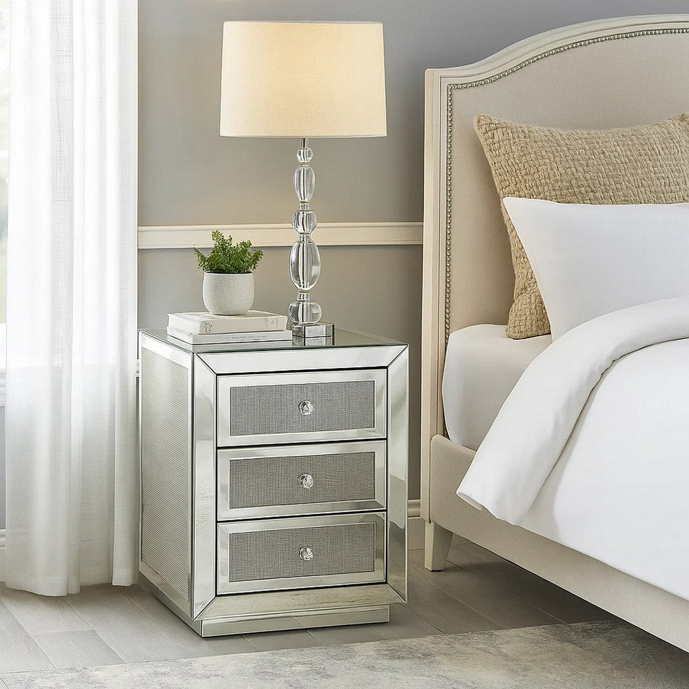 3 Drawer Mirrored Accent Table with Faux Diamond Inlay, Silver