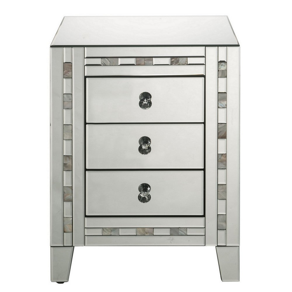 26’’ 3 Drawer Beveled Nightstand with Pearl Inlay Silver By Casagear Home BM225702