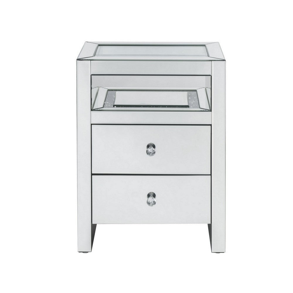 2 Drawer Beveled Mirrored Accent Table with Glass Top and LED Silver BM225703