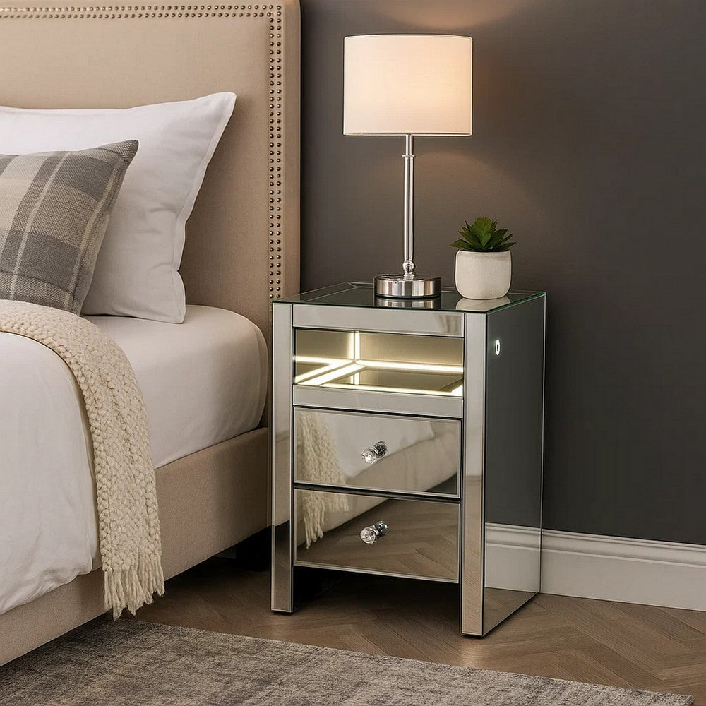2 Drawer Beveled Mirrored Accent Table with Glass Top and LED, Silver