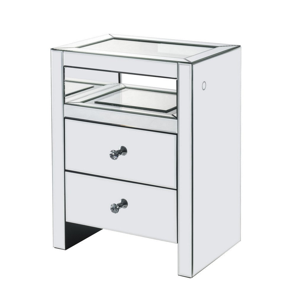 2 Drawer Beveled Mirrored Accent Table with Glass Top and LED, Silver