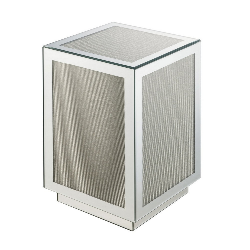Mirrored Accent Table with Faux Diamond Inlay and Glass Top, Silver