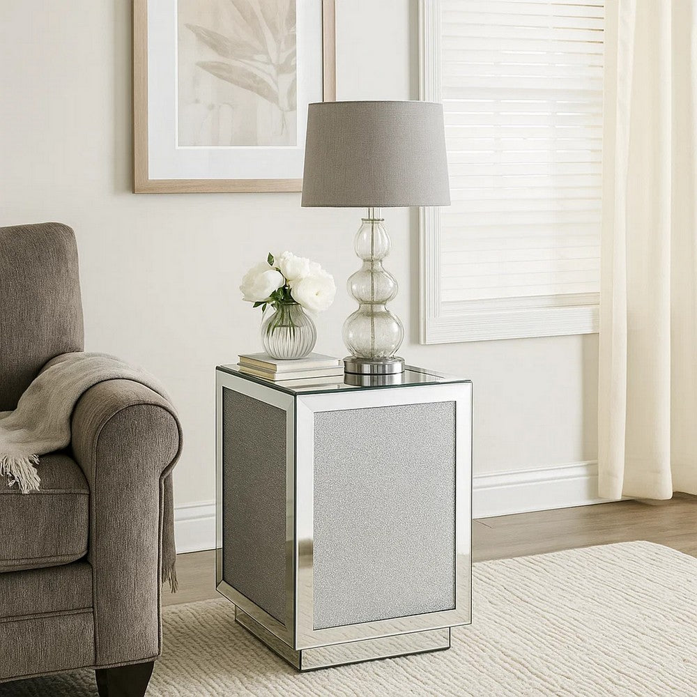 Mirrored Accent Table with Faux Diamond Inlay and Glass Top, Silver
