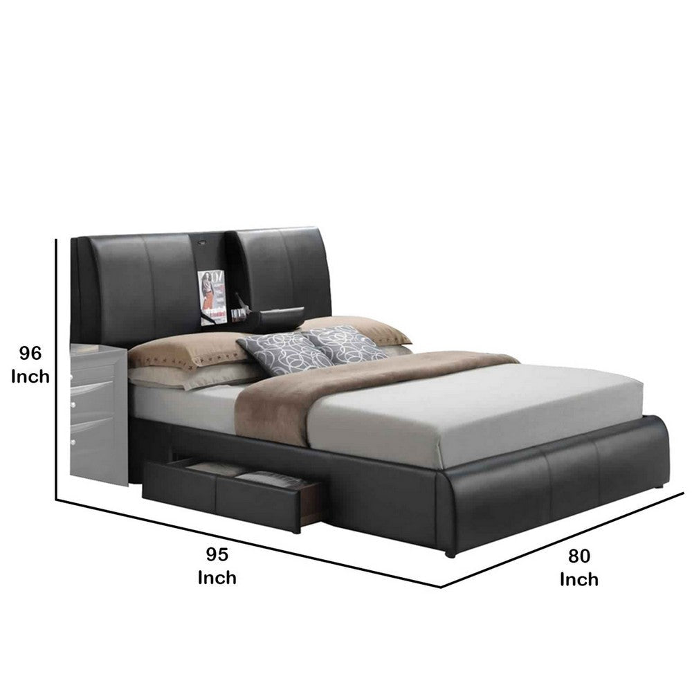 Faux Leather Eastern King Bed with Storage Headboard and Drop Tray Black By Casagear Home BM225708