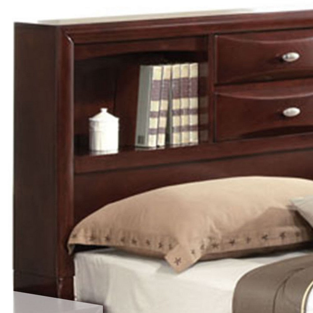Panel Design Eastern King Size Bed with Bookcase and Drawers, Brown