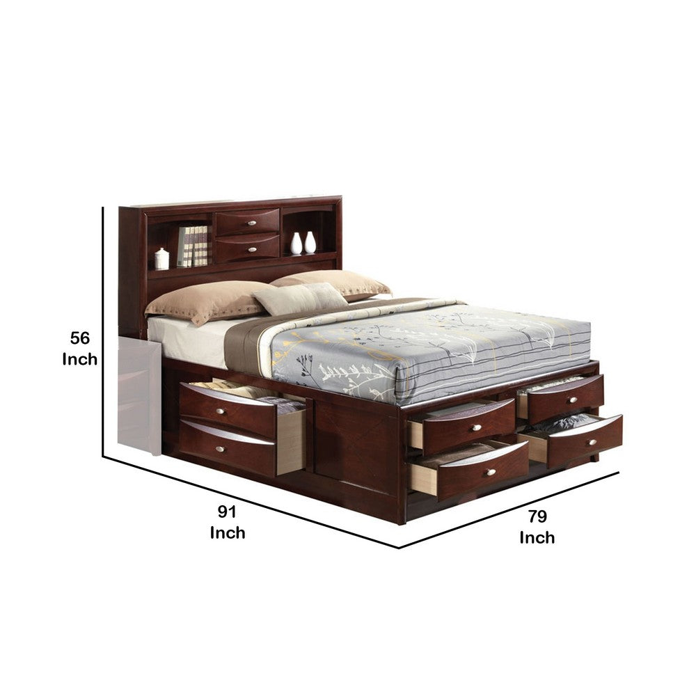 Panel Design Eastern King Size Bed with Bookcase and Drawers, Brown