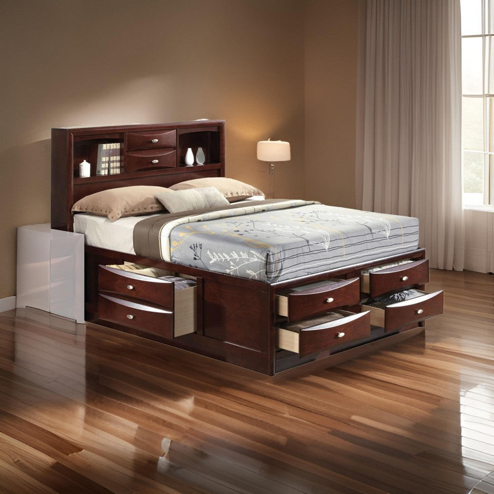 Panel Design Eastern King Size Bed with Bookcase and Drawers, Brown
