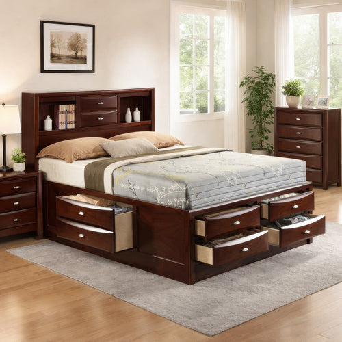 Panel Design Eastern King Size Bed with Bookcase and Drawers, Brown