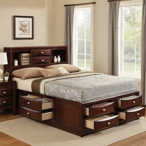 Panel Design Queen Size Bed with Bookcase and Drawers, Brown