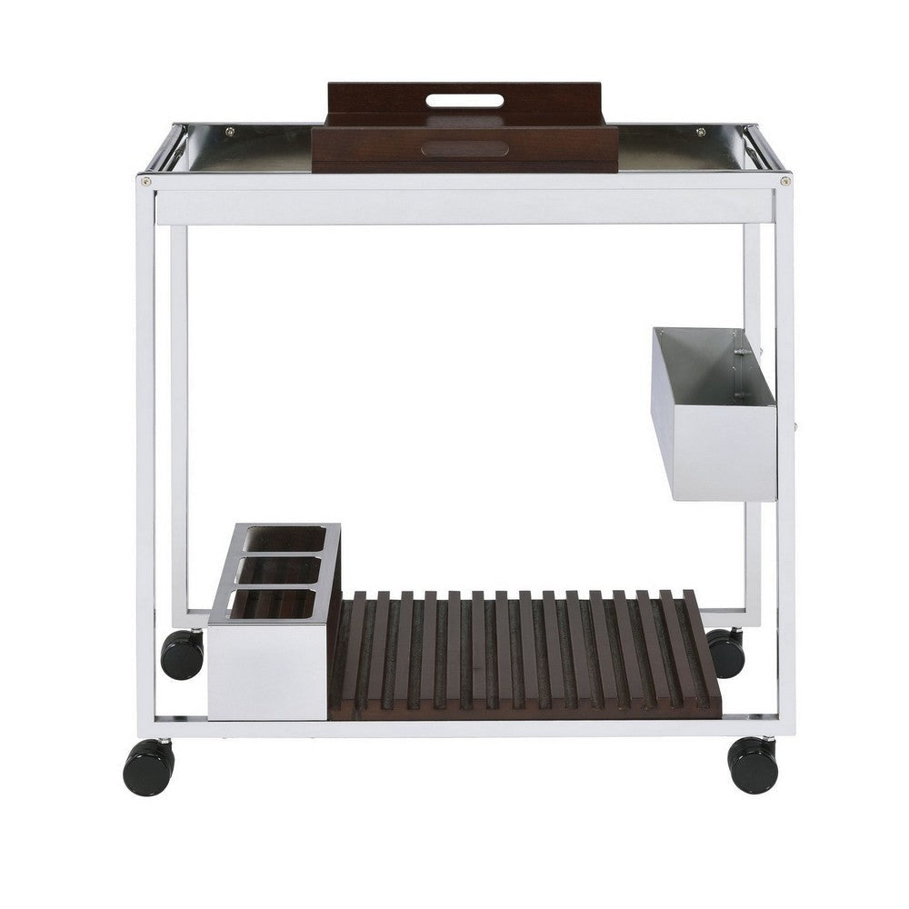 Metal and Wood Serving Cart with Tray and Floating Shelf Brown and White BM225725