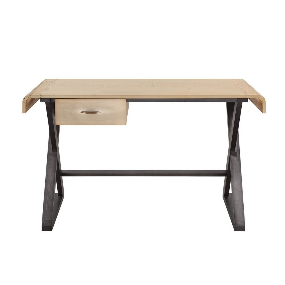 Aluminum Patchwork Rectangular Desk with X Trestle Base Gold and Black BM225728