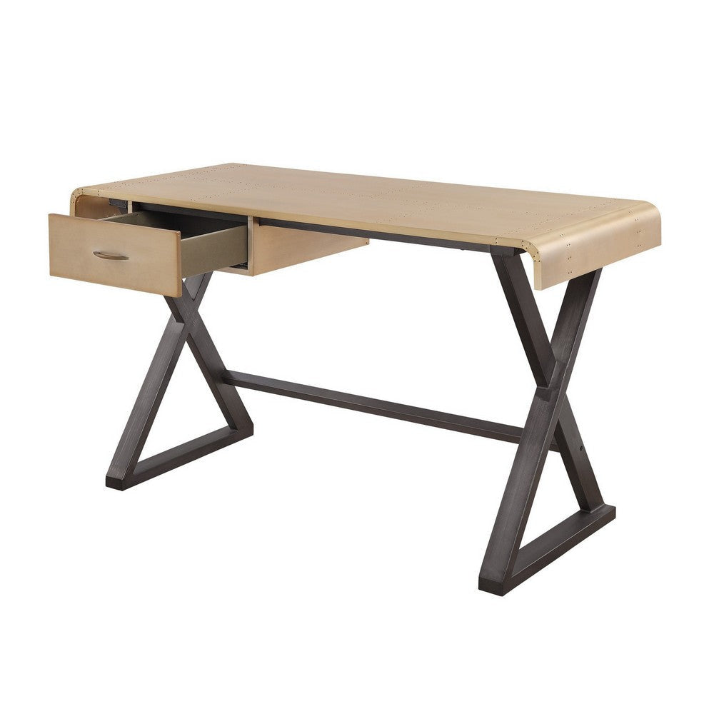 Aluminum Patchwork Rectangular Desk with X Trestle Base Gold and Black BM225728