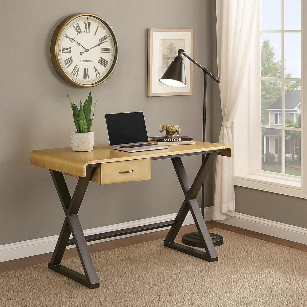 Aluminum Patchwork Rectangular Desk with X Trestle Base, Gold and Black
