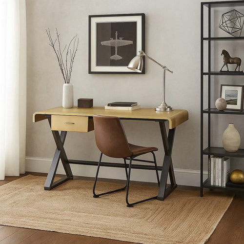 Aluminum Patchwork Rectangular Desk with X Trestle Base, Gold and Black