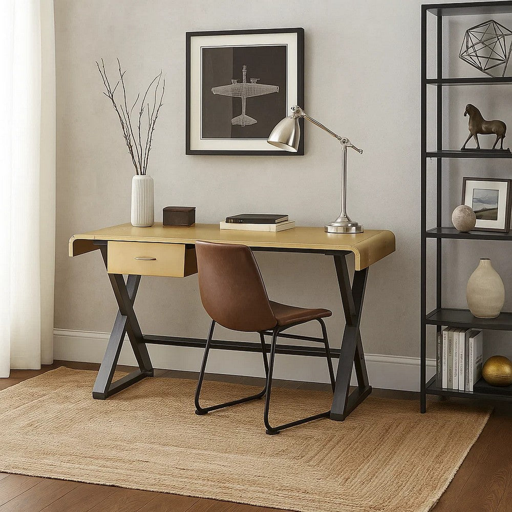 Aluminum Patchwork Rectangular Desk with X Trestle Base, Gold and Black