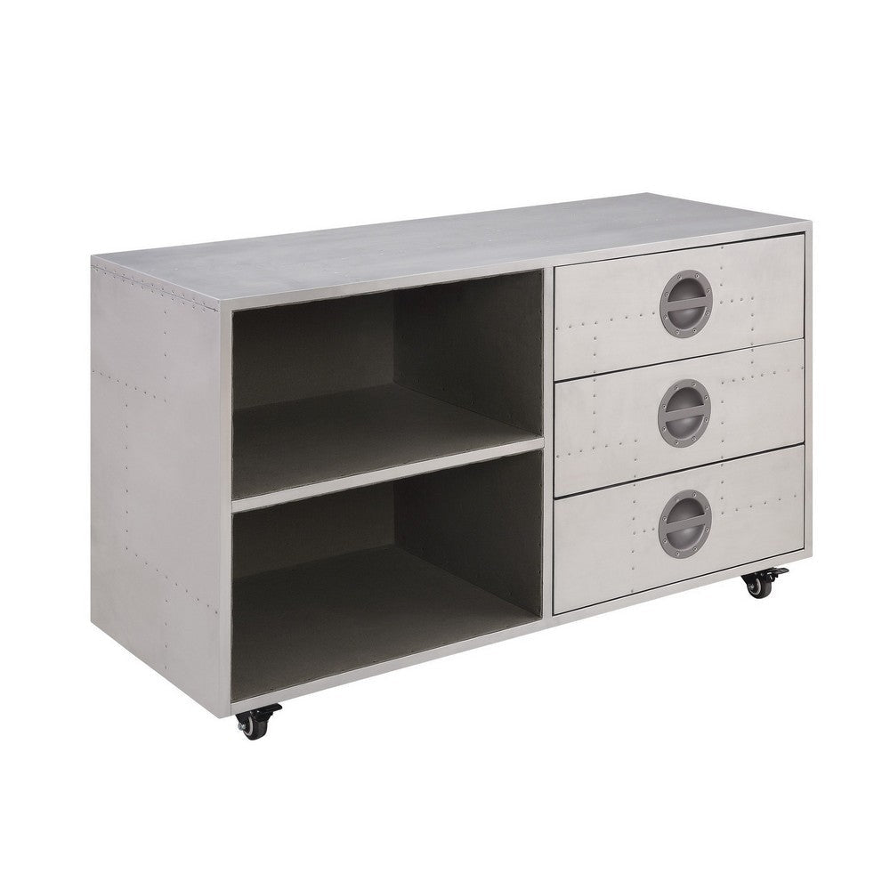 3 Drawer Metal Cabinet with Aluminum Patchwork and 1 Shelf, Silver By Casagear Home