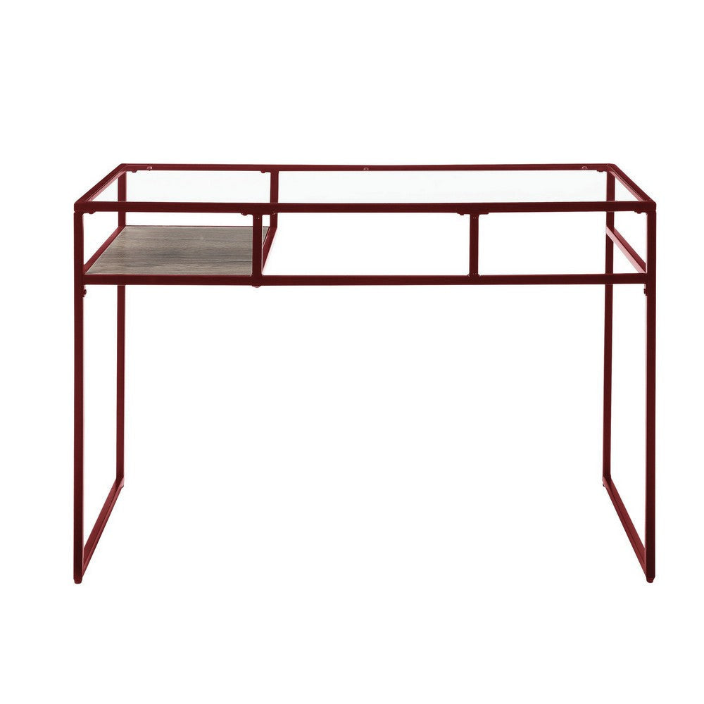 Rectangular Glass Top Desk with Open Compartment and Sled Base Red