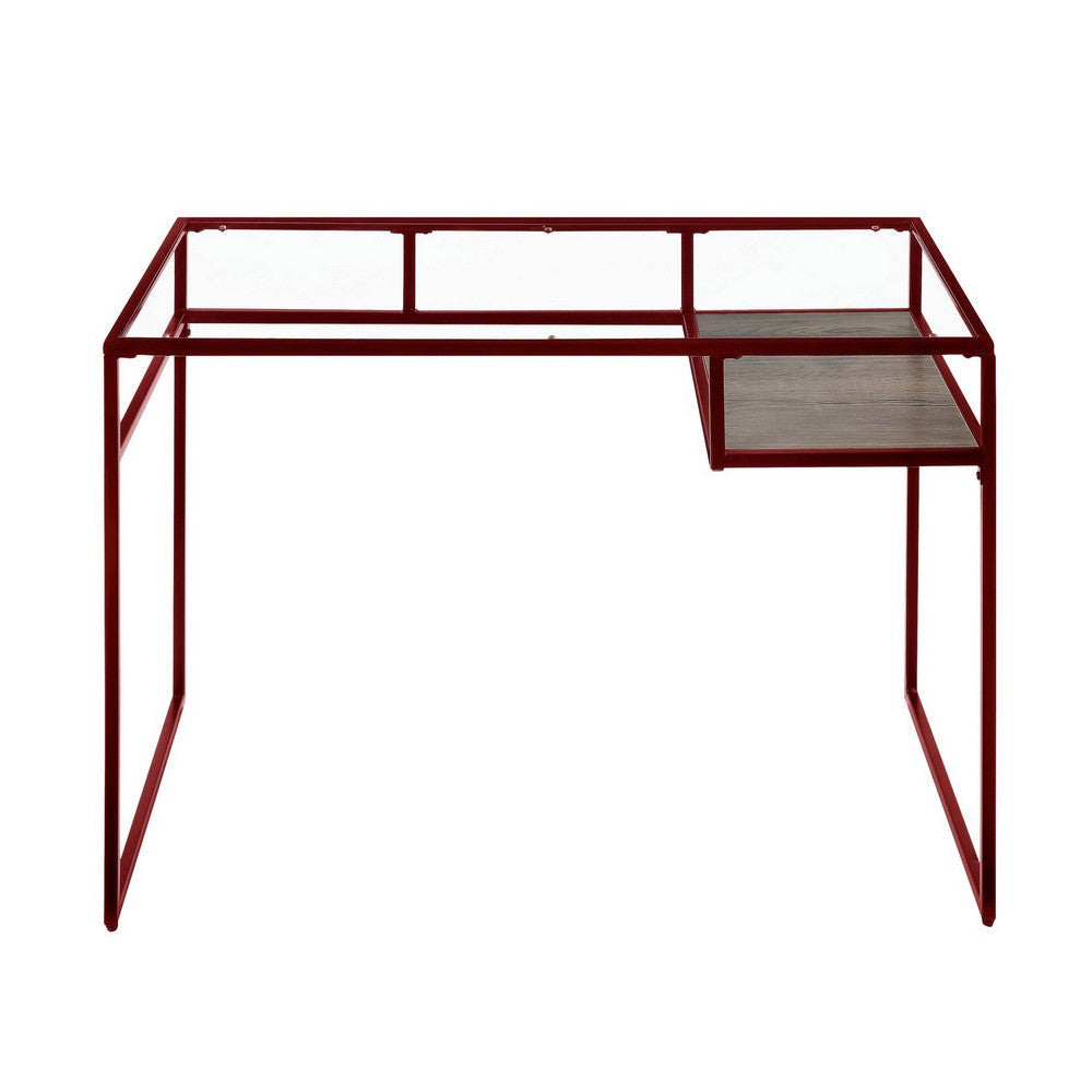 Rectangular Glass Top Desk with Open Compartment and Sled Base Red