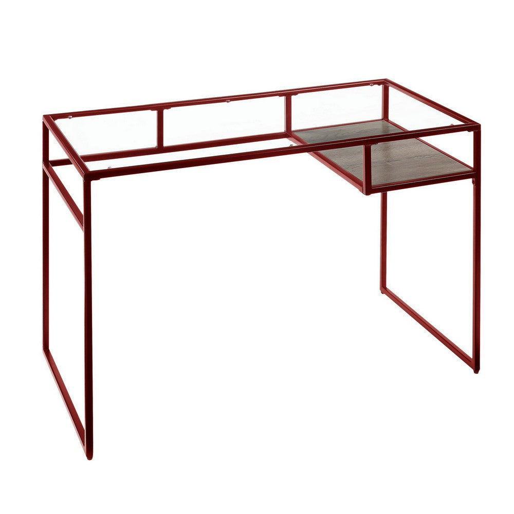 Rectangular Glass Top Desk with Open Compartment and Sled Base, Red