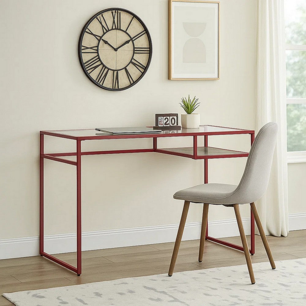 Rectangular Glass Top Desk with Open Compartment and Sled Base, Red