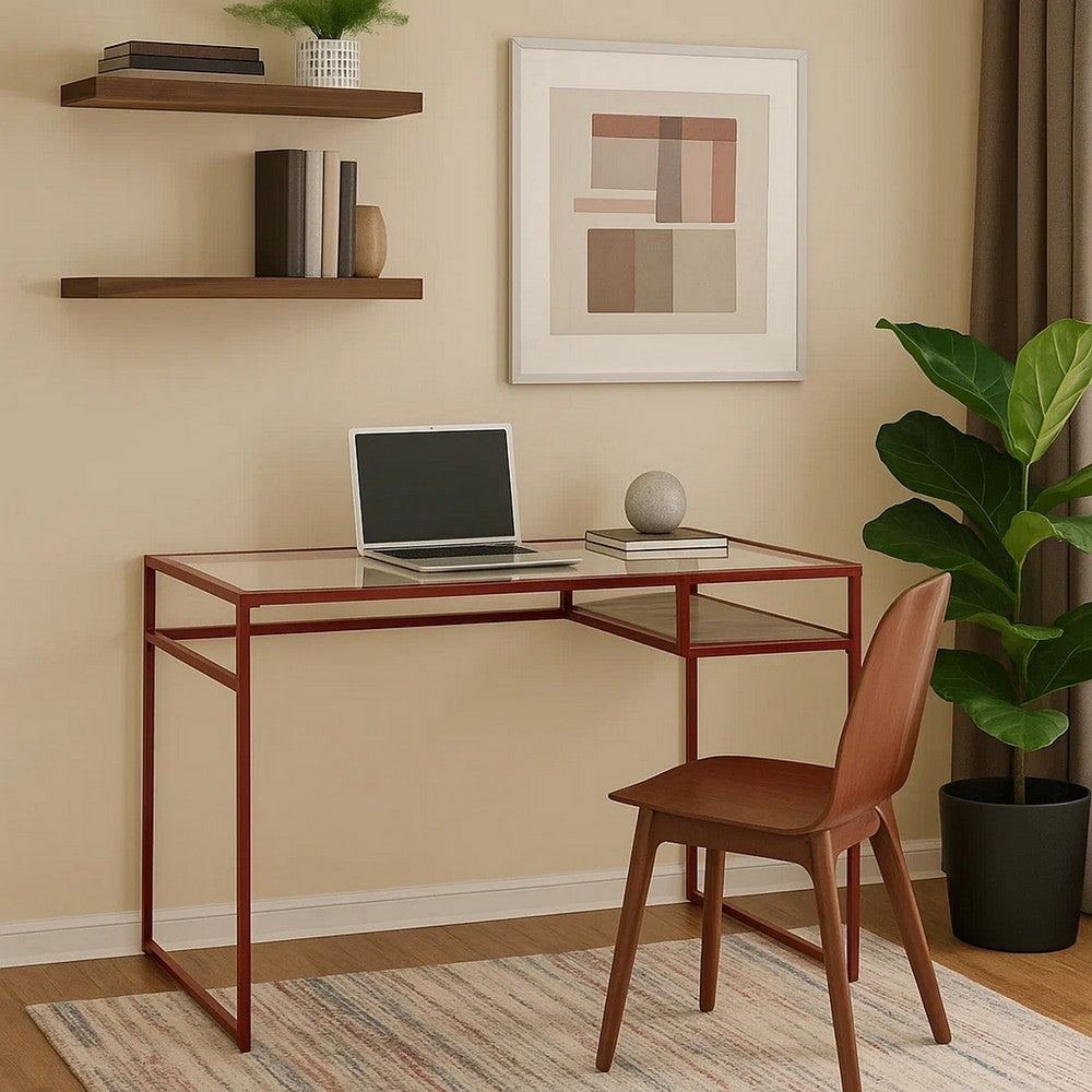 Rectangular Glass Top Desk with Open Compartment and Sled Base, Red