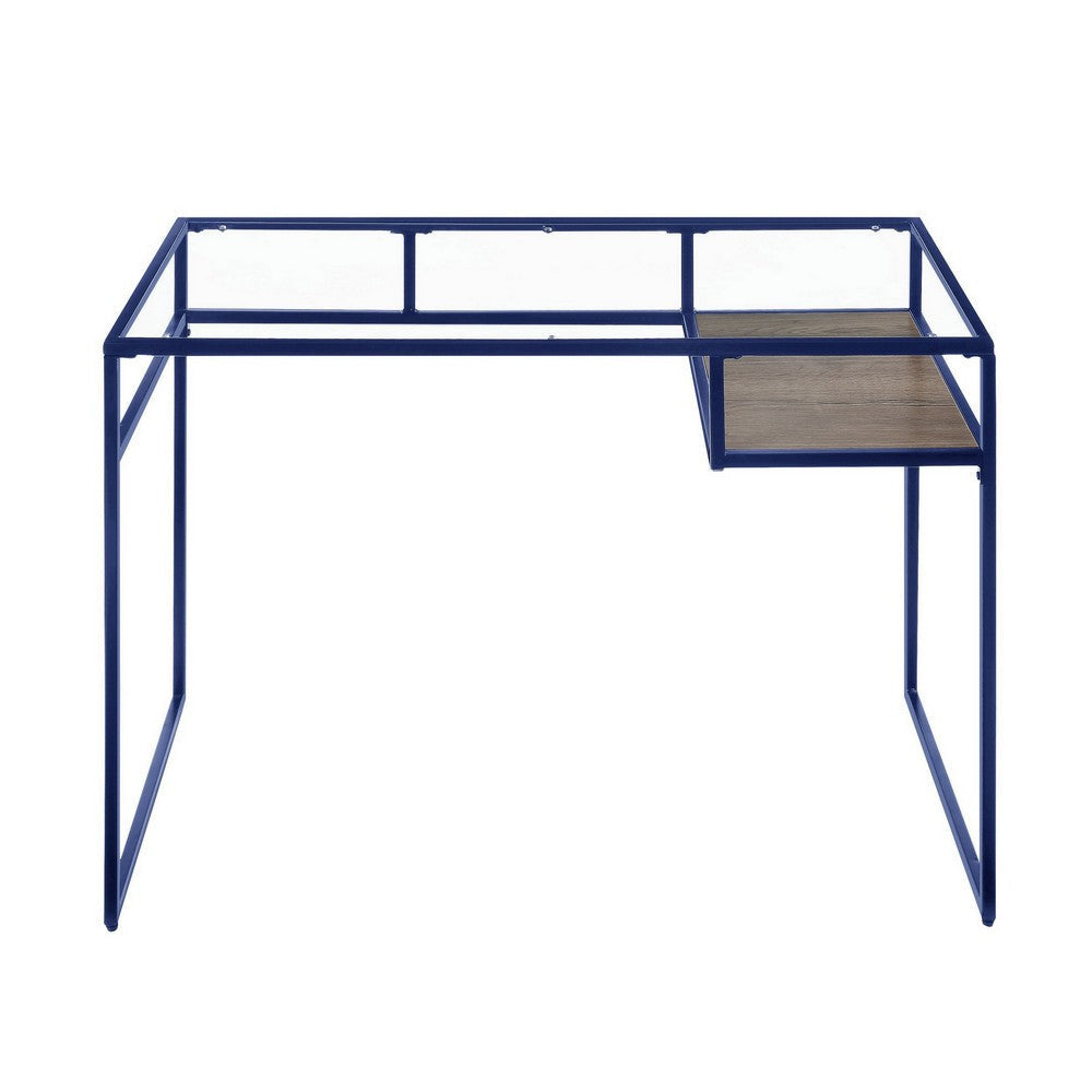 Rectangular Glass Top Desk with Open Compartment and Sled Base Blue