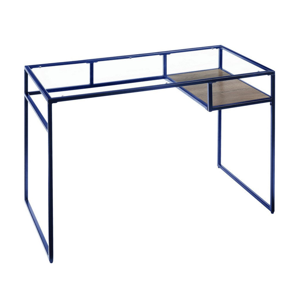 Rectangular Glass Top Desk with Open Compartment and Sled Base, Blue