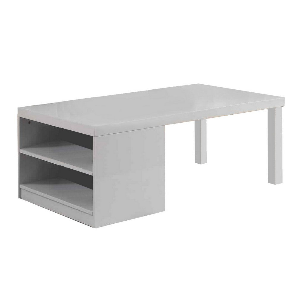 Wood and Metal Frame Coffee Table with Open Shelves, White and Chrome