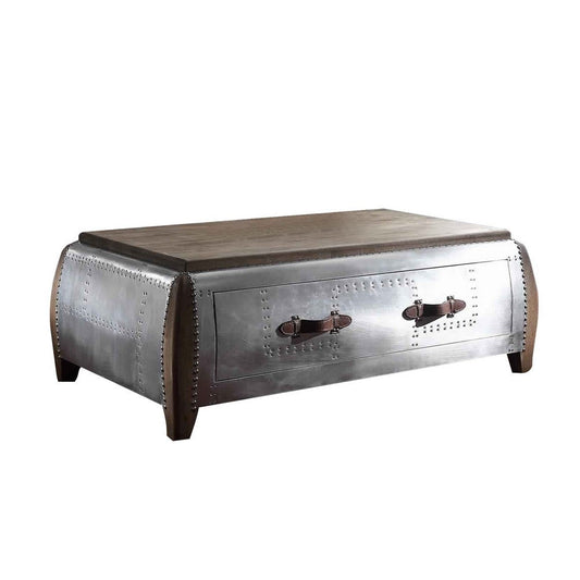 Single Drawer Nailhead Trim Wood and Metal Coffee Table, Brown and Silver