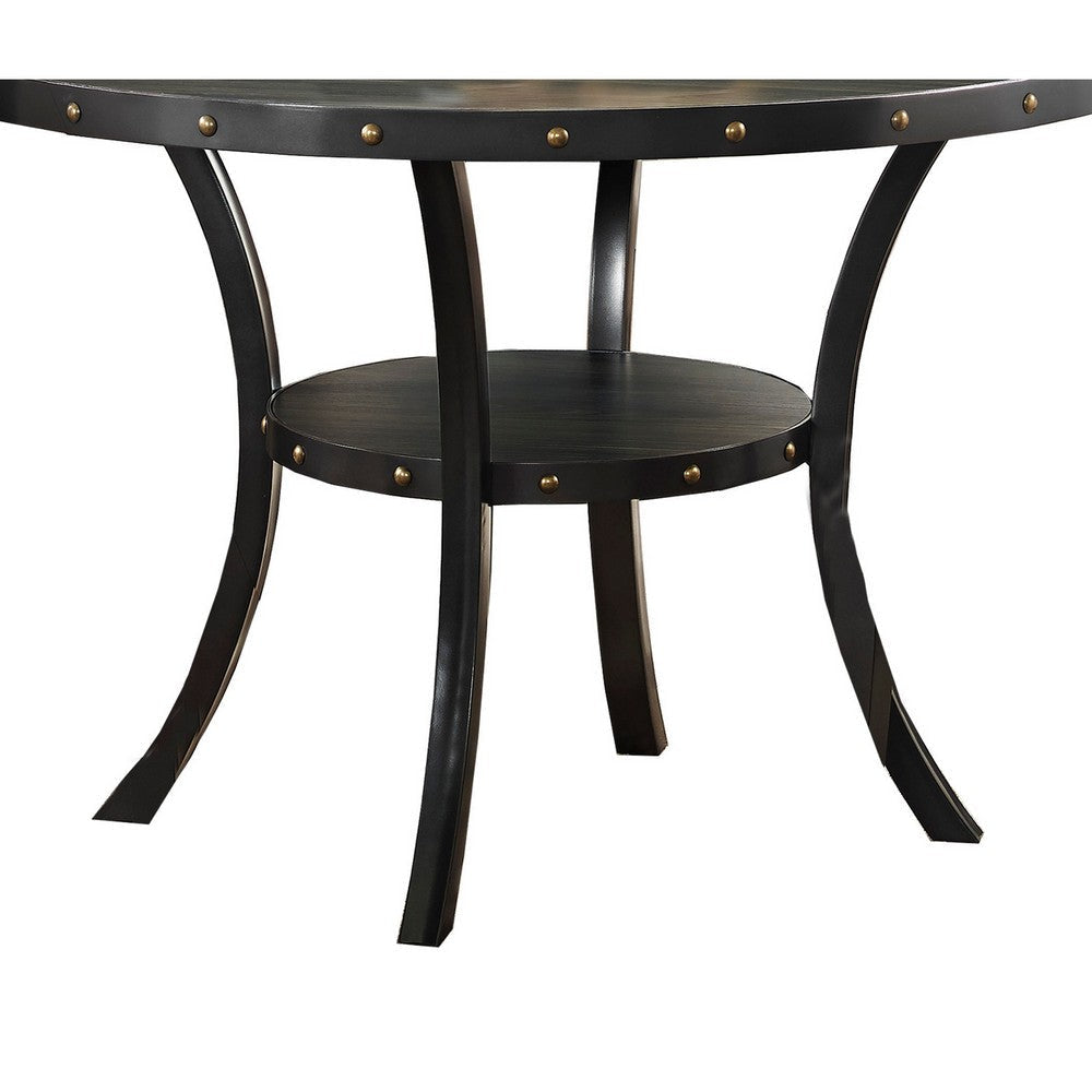 Wooden Round Dining Table with Open Shelf and Nailhead Trims Black By Casagear Home BM225834