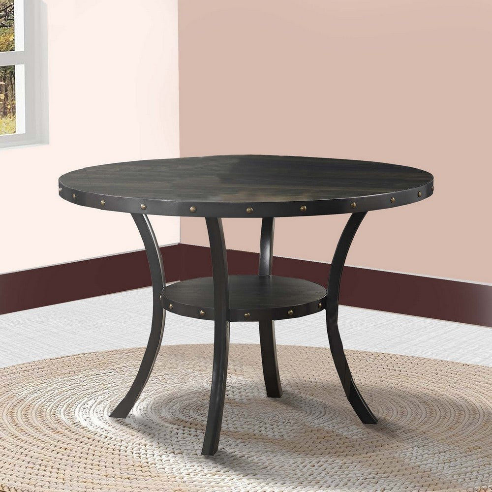 Wooden Round Dining Table with Open Shelf and Nailhead Trims Black By Casagear Home BM225834