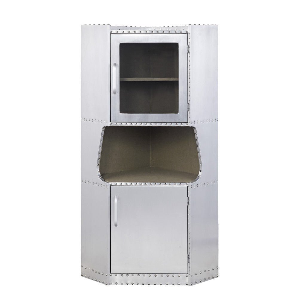 2 Door Aluminum Cabinet with Open Compartment and Rivet Accents Silver BM225863