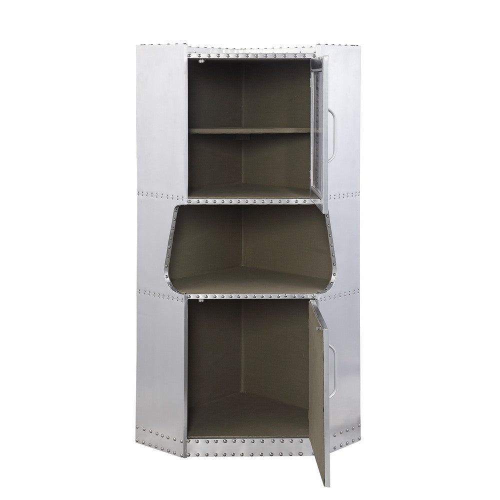 2 Door Aluminum Cabinet with Open Compartment and Rivet Accents Silver BM225863
