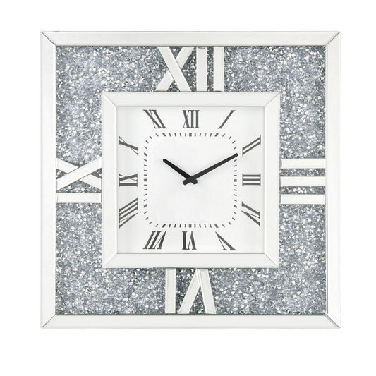 Square Mirror Panel Frame Wall Clock with Faux Diamond, Silver By Casagear Home