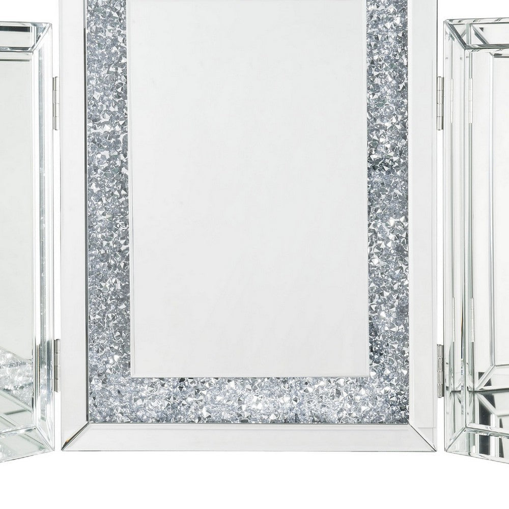 Tri Fold Mirror Panel Frame Accent Decor with Faux Diamond Silver By Casagear Home BM225871