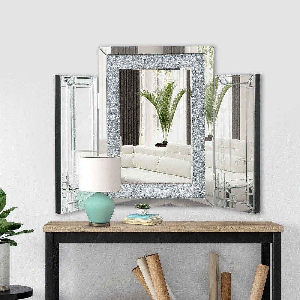 Tri Fold Mirror Panel Frame Accent Decor with Faux Diamond Silver By Casagear Home BM225871