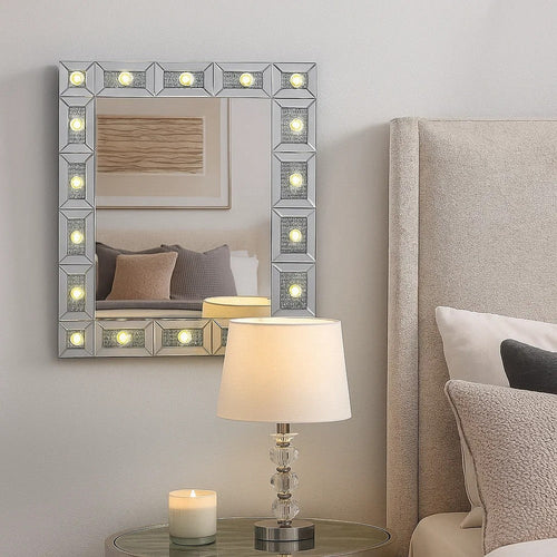 Mirror Panel Frame Wall Decor with Light Function and Faux Diamond, Silver