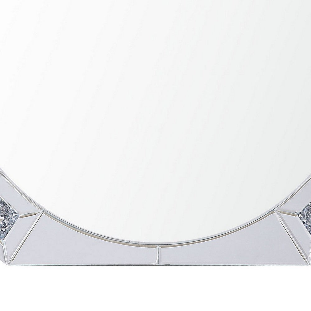 Round Mirror Panel Wall Decor with Light Function and Faux Diamond, Silver By Casagear Home